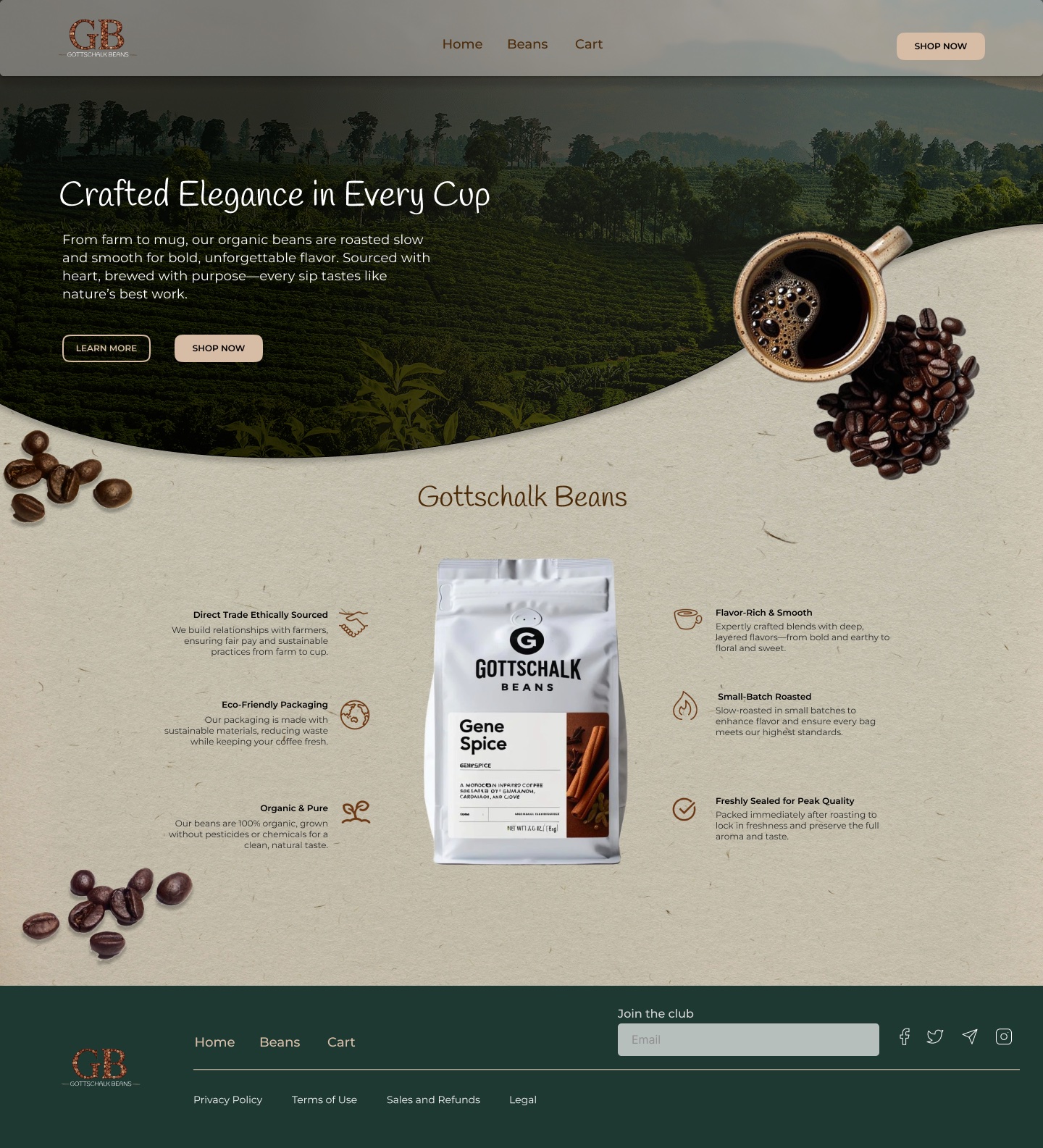 Gottschalk Beans coffee brand website mockup, desktop version